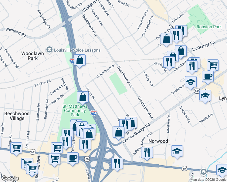 map of restaurants, bars, coffee shops, grocery stores, and more near 530 Kentucky Avenue in Louisville