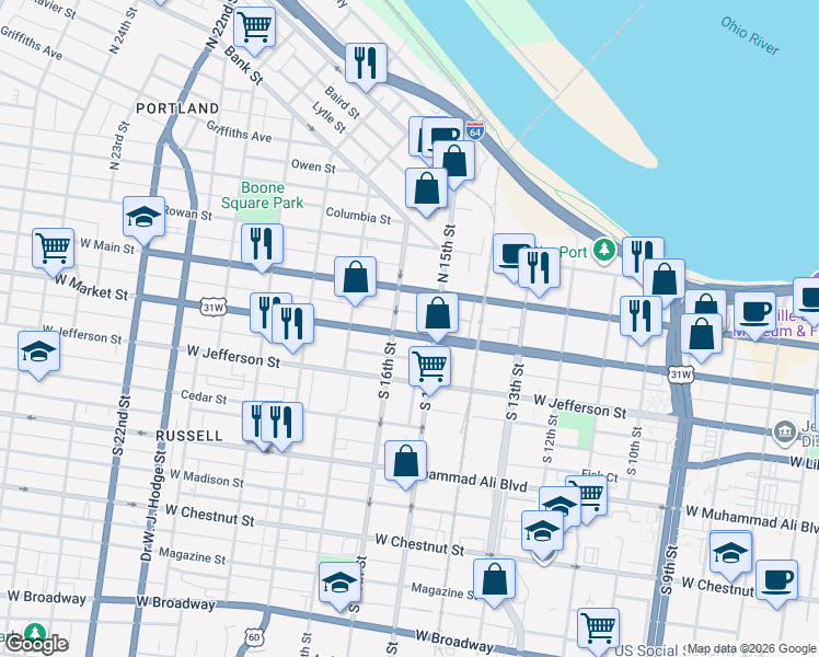 map of restaurants, bars, coffee shops, grocery stores, and more near 1523 West Market Street in Louisville