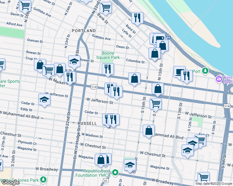map of restaurants, bars, coffee shops, grocery stores, and more near 1810 West Market Street in Louisville