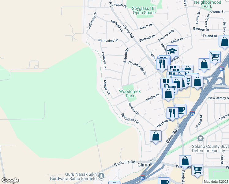 map of restaurants, bars, coffee shops, grocery stores, and more near 1461 Salem Court in Fairfield