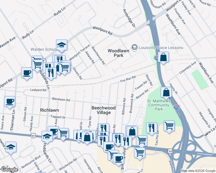 map of restaurants, bars, coffee shops, grocery stores, and more near 320 Ring Road in Louisville