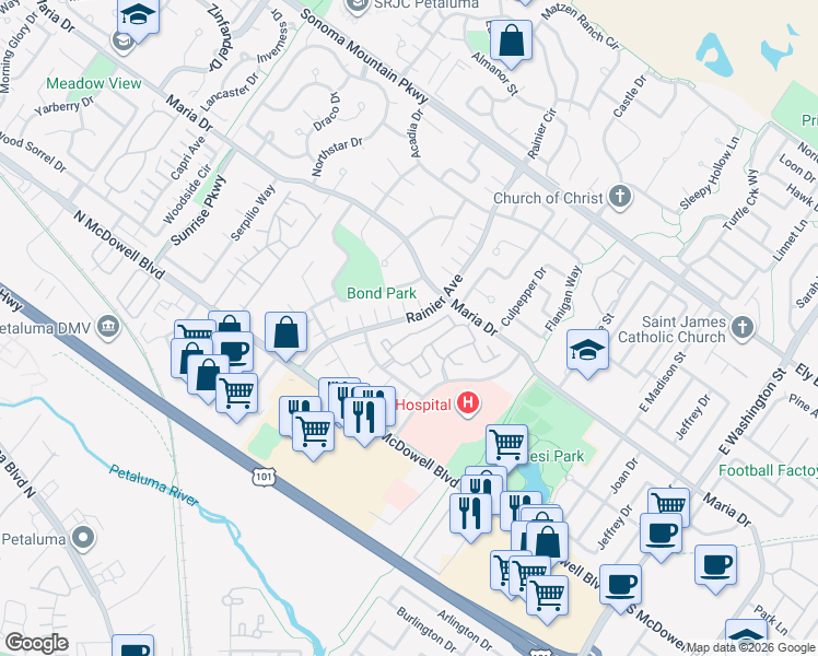 map of restaurants, bars, coffee shops, grocery stores, and more near 452 Park Place Drive in Petaluma