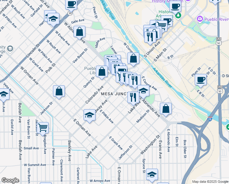 map of restaurants, bars, coffee shops, grocery stores, and more near 213 Broadway Avenue in Pueblo