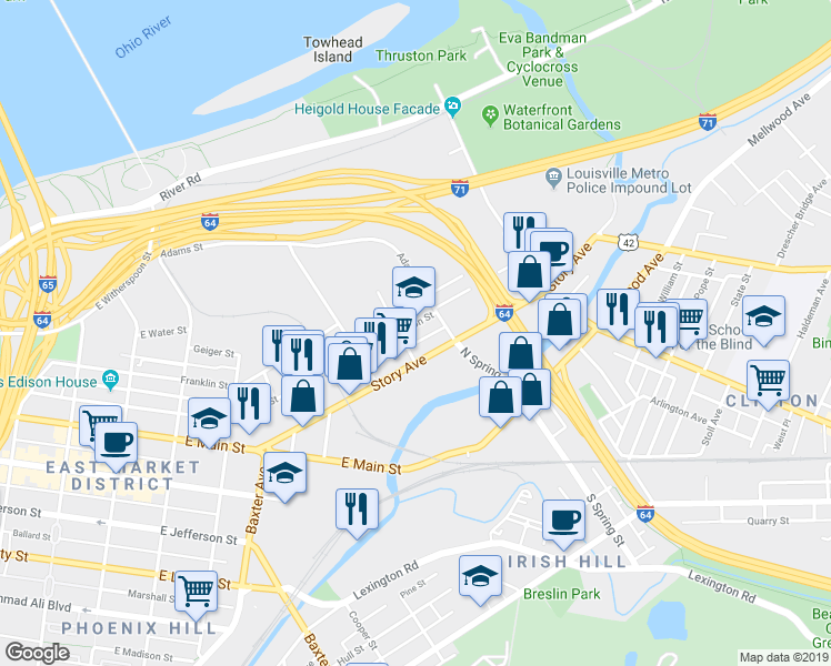 map of restaurants, bars, coffee shops, grocery stores, and more near 1406 East Washington Street in Louisville