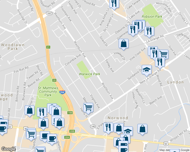 map of restaurants, bars, coffee shops, grocery stores, and more near 518 Washburn Avenue in Louisville
