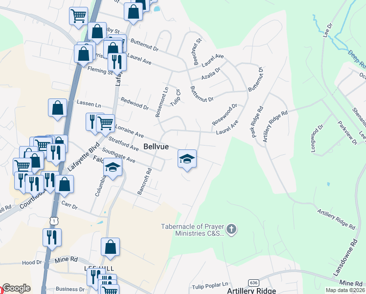 map of restaurants, bars, coffee shops, grocery stores, and more near 7 Lorraine Court in Fredericksburg