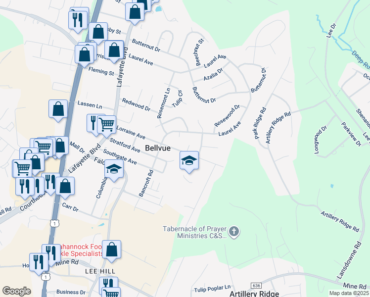 map of restaurants, bars, coffee shops, grocery stores, and more near 7 Lorraine Court in Fredericksburg