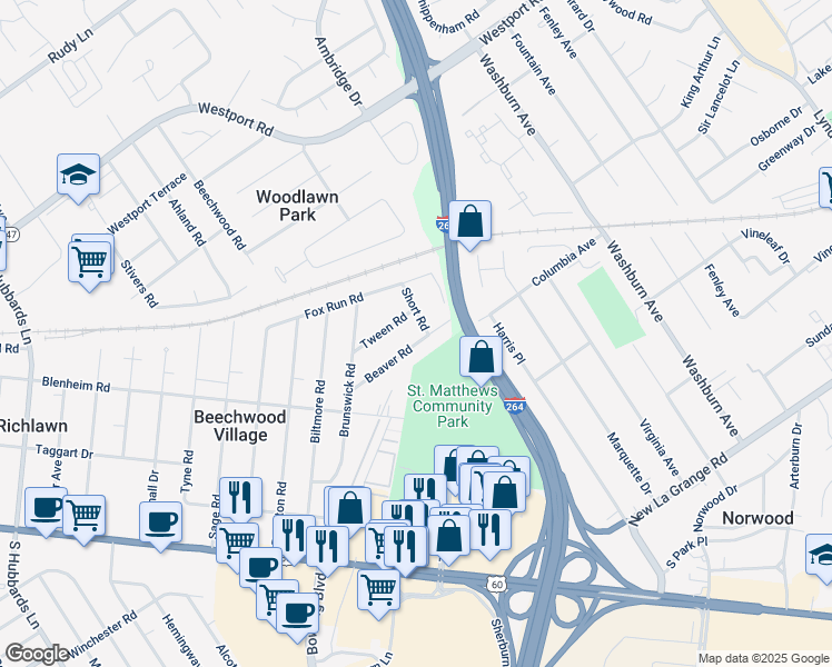 map of restaurants, bars, coffee shops, grocery stores, and more near 4624 Beaver Road in Louisville
