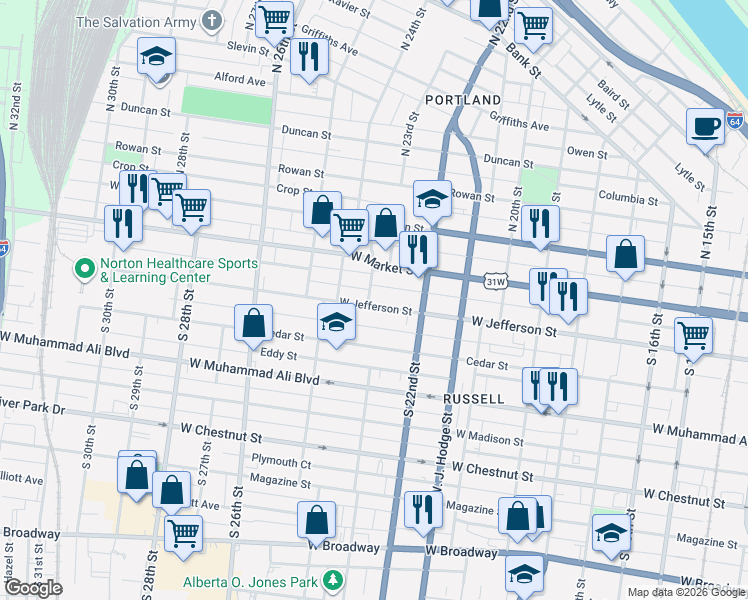 map of restaurants, bars, coffee shops, grocery stores, and more near 2243 West Jefferson Street in Louisville