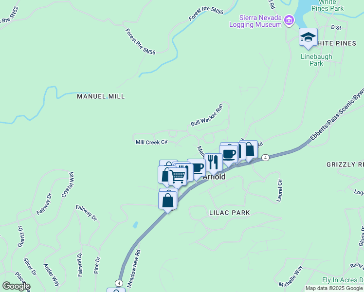 map of restaurants, bars, coffee shops, grocery stores, and more near 1008 Manuel Road in Arnold