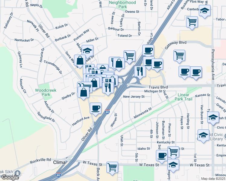 map of restaurants, bars, coffee shops, grocery stores, and more near 1370 Holiday Ln in Fairfield
