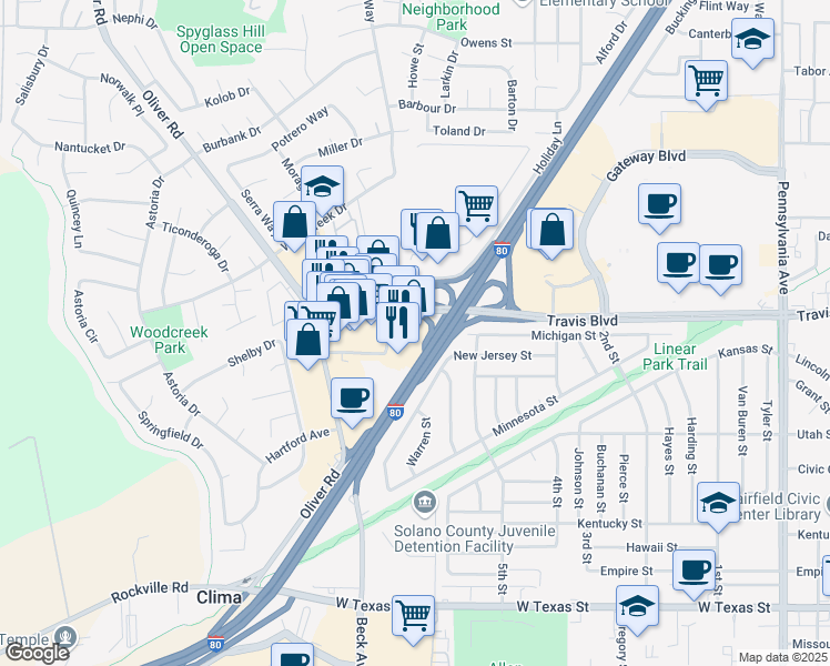 map of restaurants, bars, coffee shops, grocery stores, and more near 1370 Holiday Lane in Fairfield