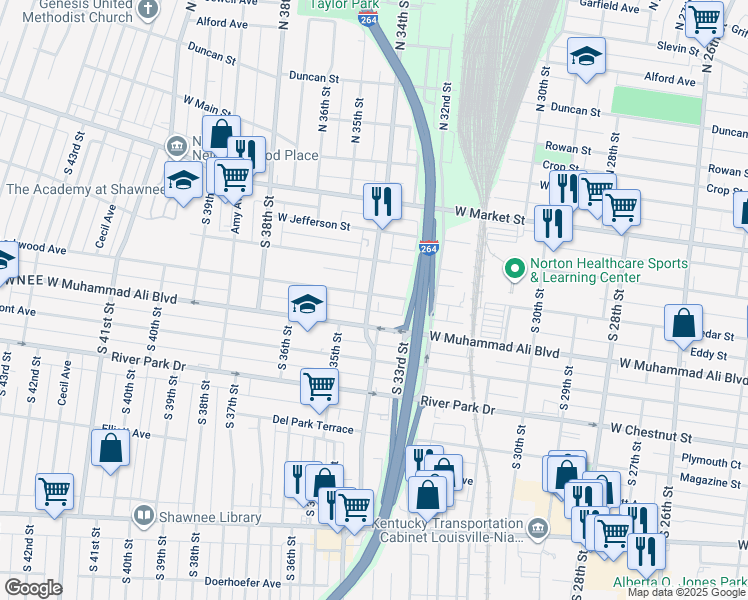 map of restaurants, bars, coffee shops, grocery stores, and more near 3252 Larkwood Avenue in Louisville