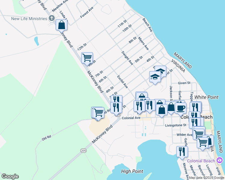 map of restaurants, bars, coffee shops, grocery stores, and more near 336 4th Street in Colonial Beach