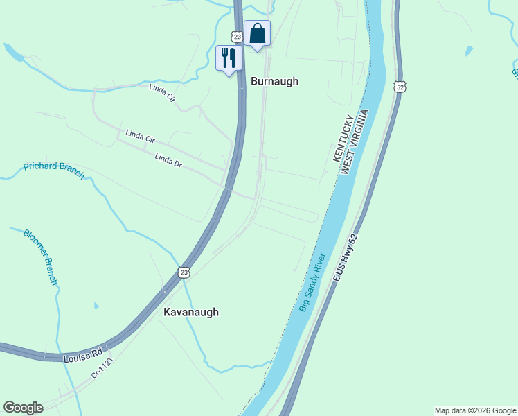 map of restaurants, bars, coffee shops, grocery stores, and more near Faulkner Road in Catlettsburg
