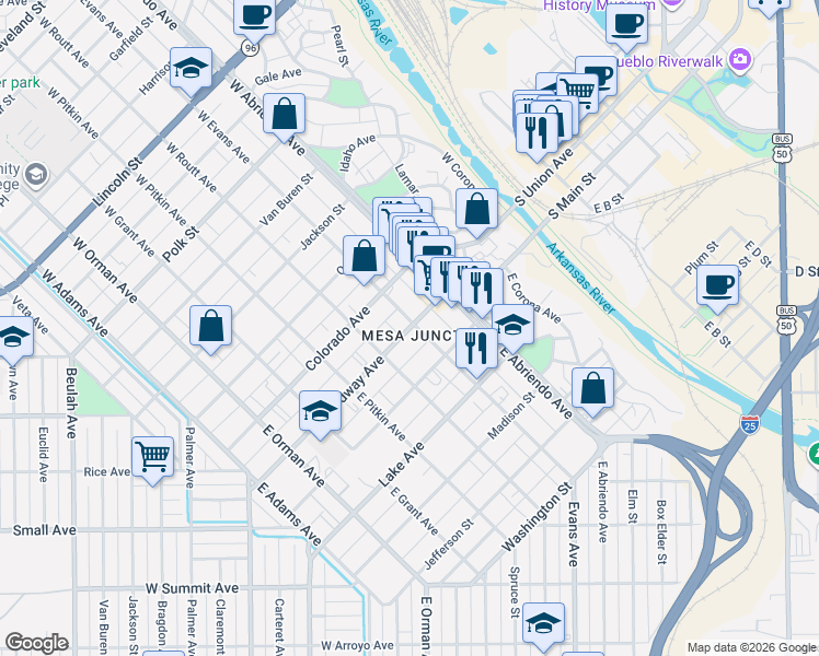 map of restaurants, bars, coffee shops, grocery stores, and more near 213 Broadway Avenue in Pueblo