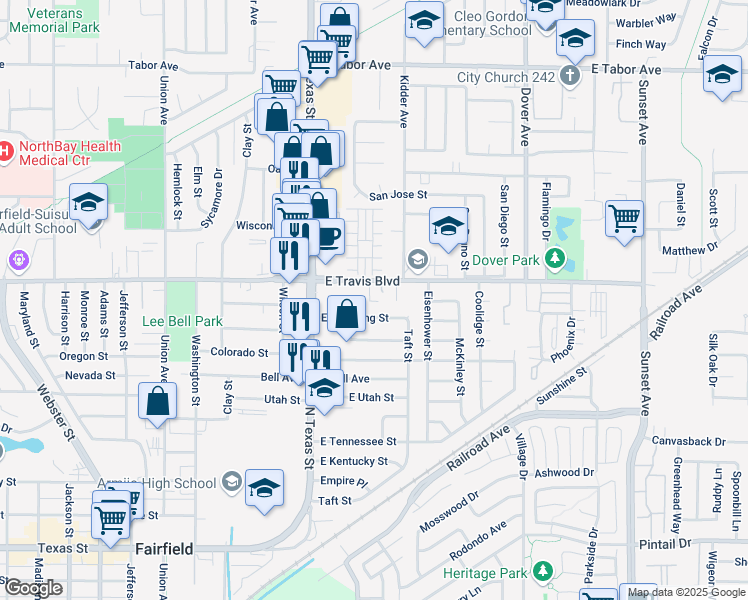 map of restaurants, bars, coffee shops, grocery stores, and more near 1553 Rayburn Court in Fairfield