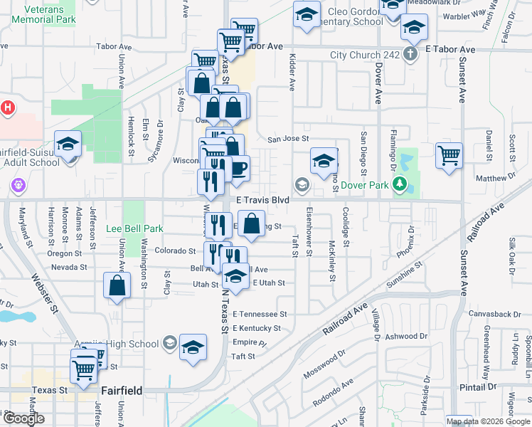 map of restaurants, bars, coffee shops, grocery stores, and more near 219 East Travis Boulevard in Fairfield