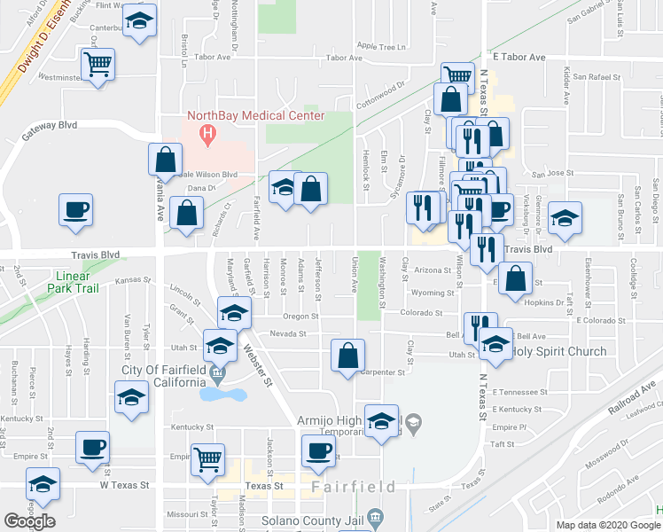 map of restaurants, bars, coffee shops, grocery stores, and more near 615 Travis Boulevard in Fairfield