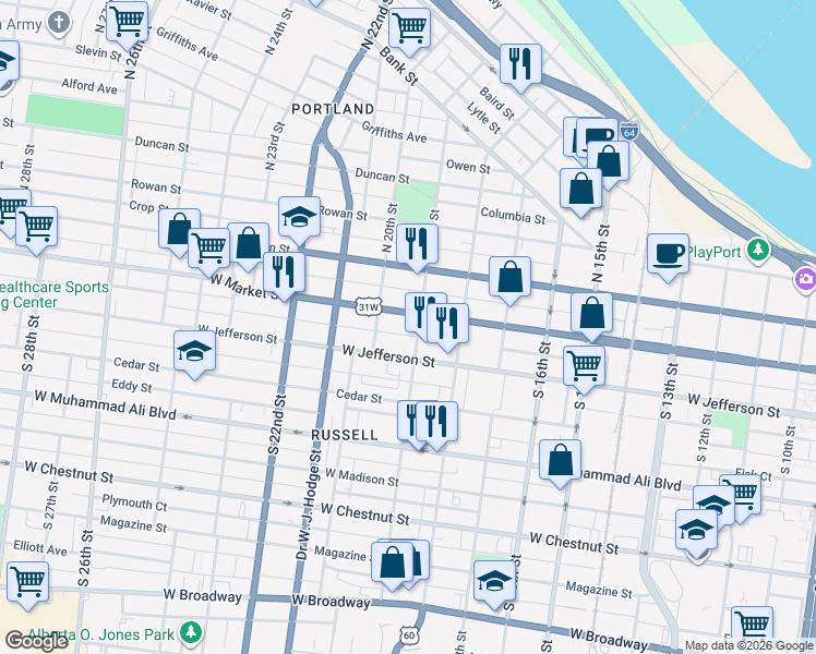 map of restaurants, bars, coffee shops, grocery stores, and more near 214 South 19th Street in Louisville