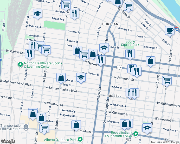map of restaurants, bars, coffee shops, grocery stores, and more near 2305 West Jefferson Street in Louisville