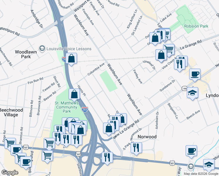 map of restaurants, bars, coffee shops, grocery stores, and more near 530 Kentucky Avenue in Louisville