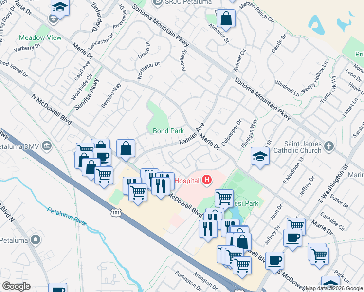 map of restaurants, bars, coffee shops, grocery stores, and more near 452 Park Place Drive in Petaluma