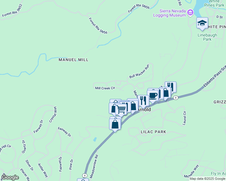 map of restaurants, bars, coffee shops, grocery stores, and more near 53 Mill Creek Circle in Arnold