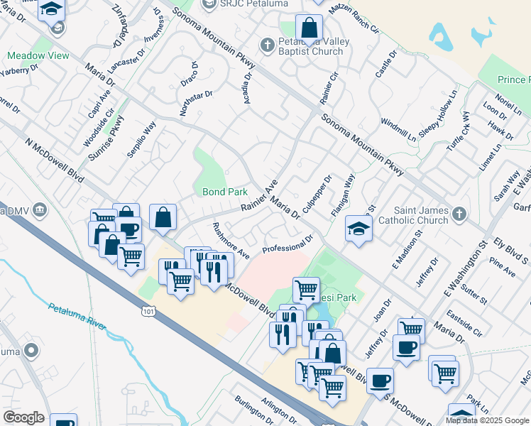 map of restaurants, bars, coffee shops, grocery stores, and more near 334 Park Place Drive in Petaluma