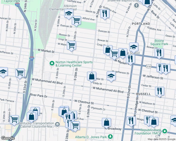 map of restaurants, bars, coffee shops, grocery stores, and more near 2614 West Jefferson Street in Louisville