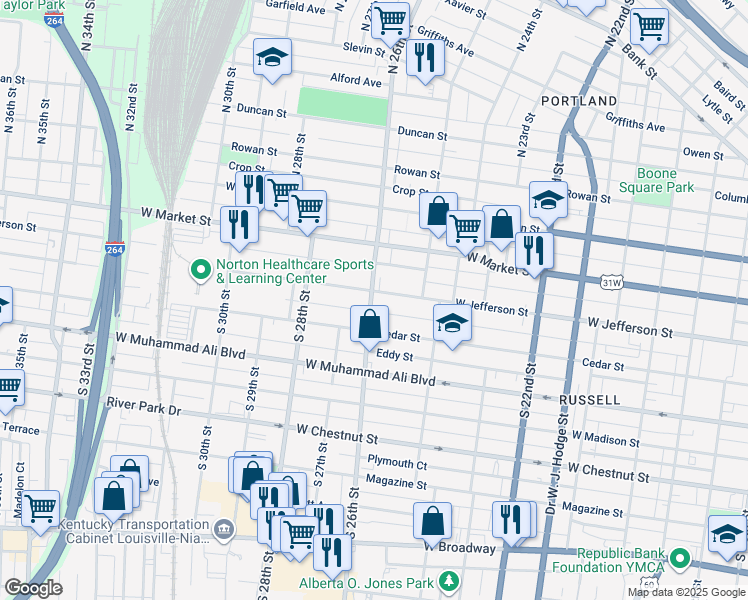 map of restaurants, bars, coffee shops, grocery stores, and more near 345 South 26th Street in Louisville
