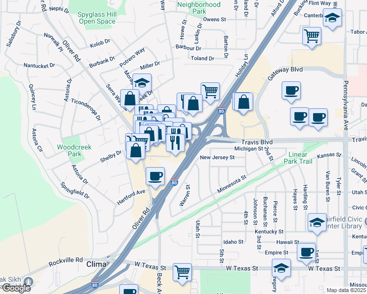 map of restaurants, bars, coffee shops, grocery stores, and more near 1370 Holiday Ln in Fairfield