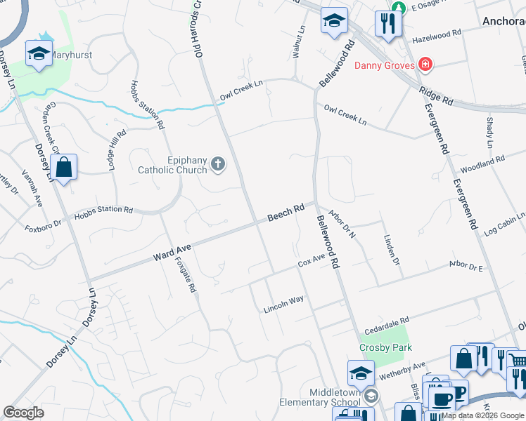 map of restaurants, bars, coffee shops, grocery stores, and more near 11109 Beech Road in Louisville