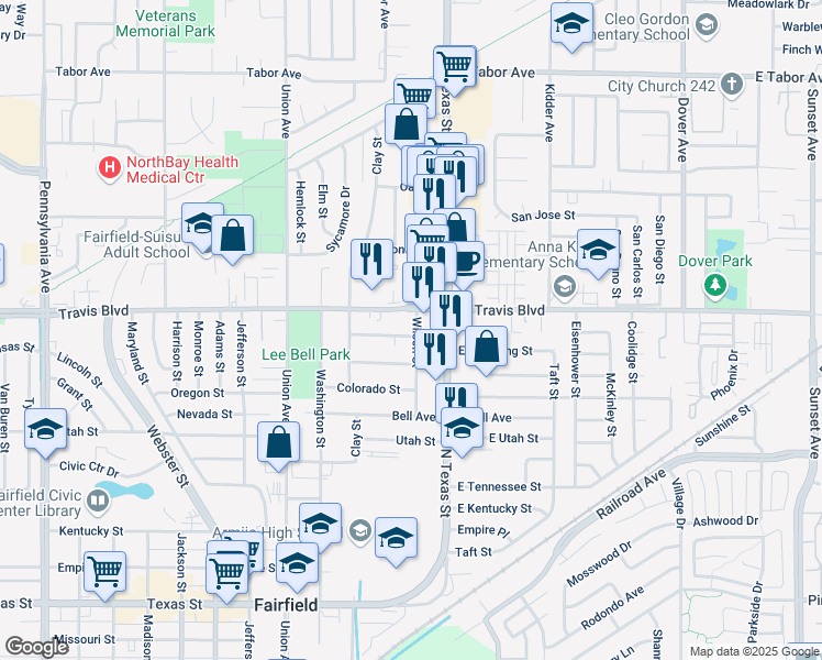 map of restaurants, bars, coffee shops, grocery stores, and more near 1501 Wilson Street in Fairfield