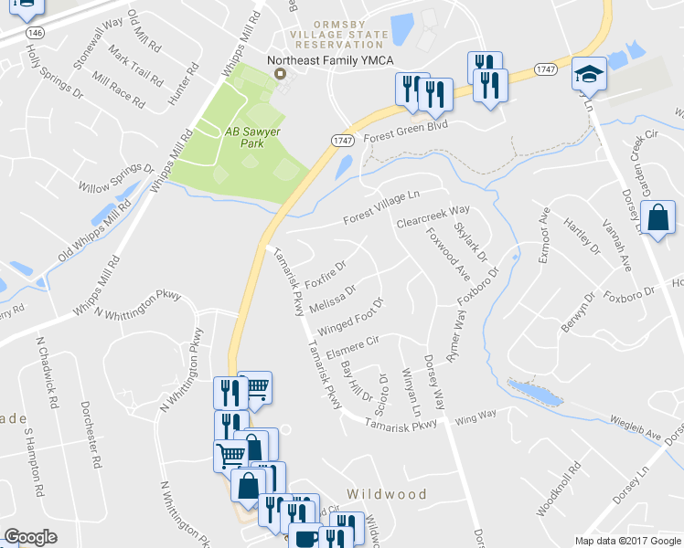 map of restaurants, bars, coffee shops, grocery stores, and more near 815 Foxfire Drive in Louisville