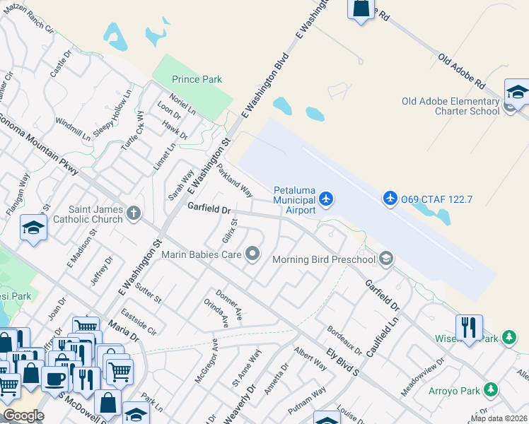 map of restaurants, bars, coffee shops, grocery stores, and more near 425 Garfield Drive in Petaluma