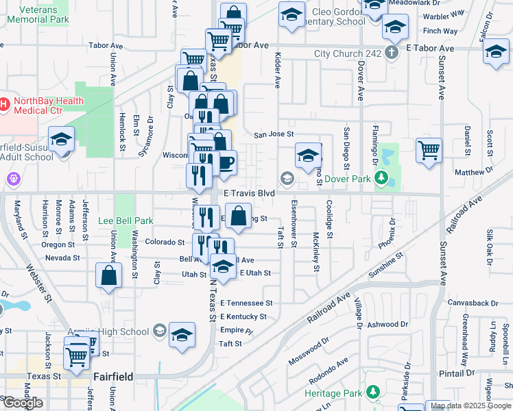 map of restaurants, bars, coffee shops, grocery stores, and more near 1553 Rayburn Court in Fairfield