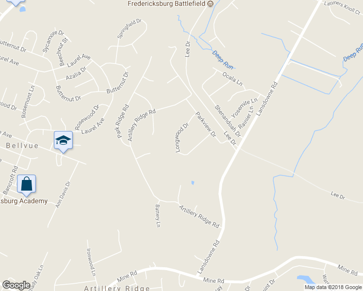 map of restaurants, bars, coffee shops, grocery stores, and more near 4017 Longwood Drive in Fredericksburg