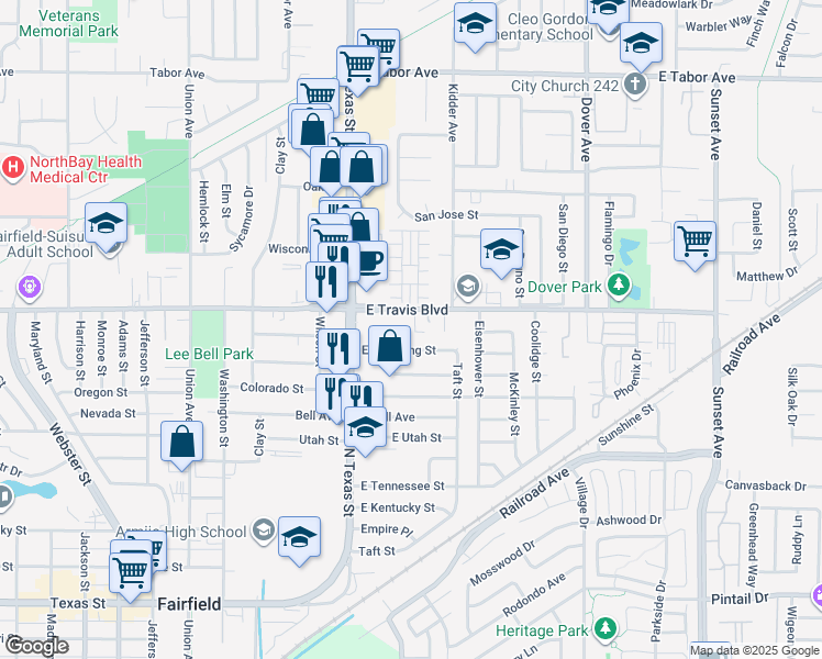 map of restaurants, bars, coffee shops, grocery stores, and more near 219 East Travis Boulevard in Fairfield