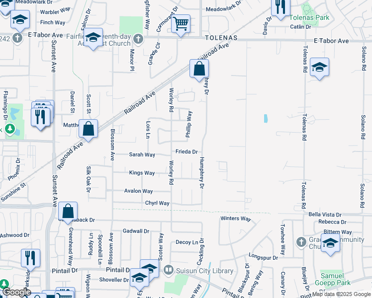 map of restaurants, bars, coffee shops, grocery stores, and more near 610 Frieda Drive in Suisun City
