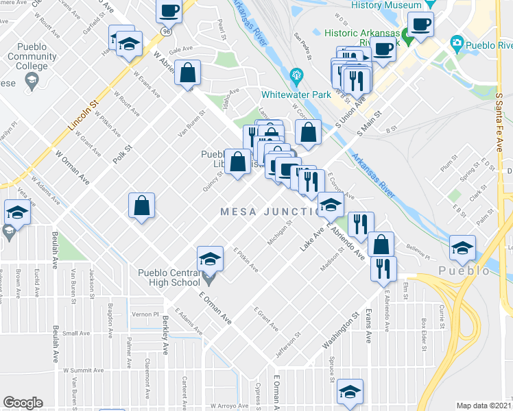 map of restaurants, bars, coffee shops, grocery stores, and more near 211 Broadway Avenue in Pueblo
