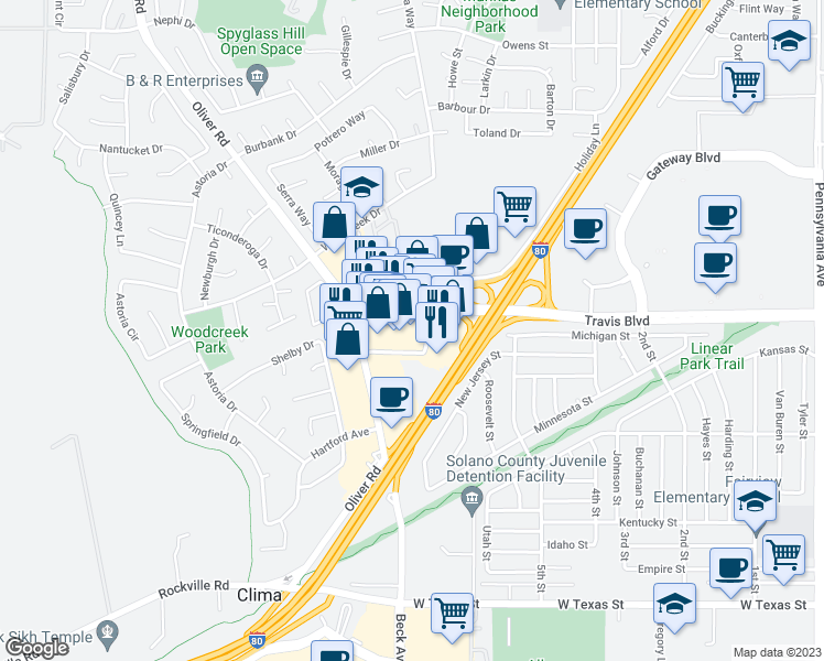 map of restaurants, bars, coffee shops, grocery stores, and more near 3001 Travis Boulevard in Fairfield