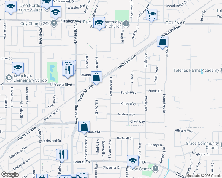 map of restaurants, bars, coffee shops, grocery stores, and more near 402 Sarah Way in Suisun City