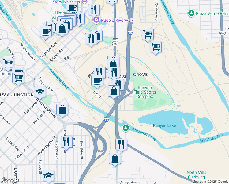 map of restaurants, bars, coffee shops, grocery stores, and more near 431 South Santa Fe Avenue in Pueblo