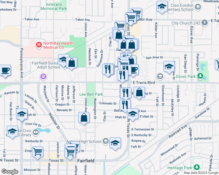 map of restaurants, bars, coffee shops, grocery stores, and more near 348 Arizona Street in Fairfield