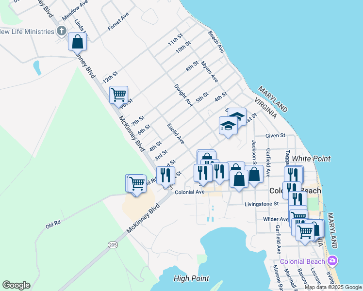 map of restaurants, bars, coffee shops, grocery stores, and more near 1108 Euclid Avenue in Colonial Beach