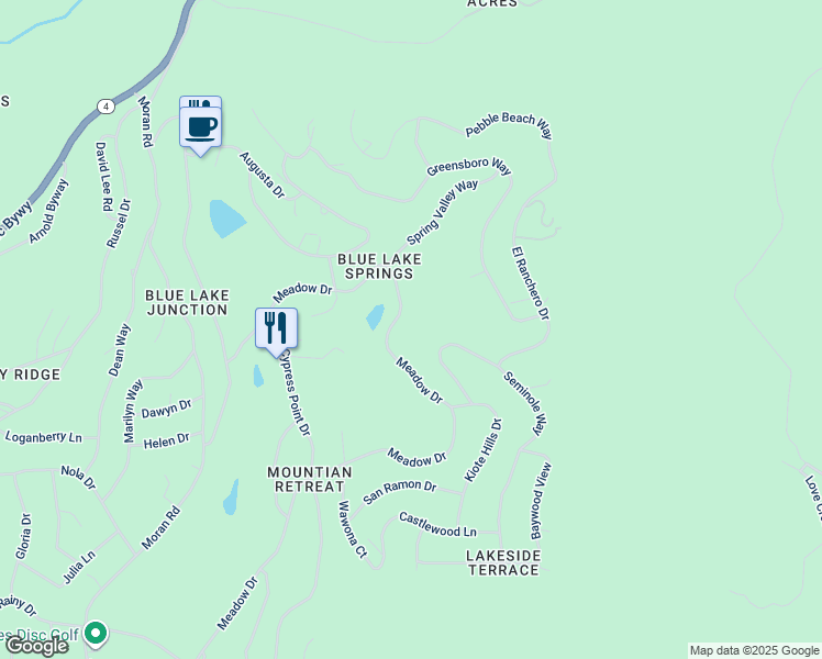 map of restaurants, bars, coffee shops, grocery stores, and more near 1213 Meadow Dr in Arnold