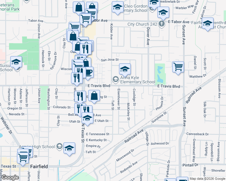 map of restaurants, bars, coffee shops, grocery stores, and more near 407 East Travis Boulevard in Fairfield