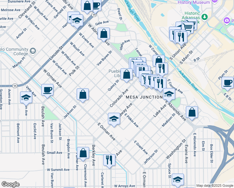 map of restaurants, bars, coffee shops, grocery stores, and more near 317 Colorado Avenue in Pueblo