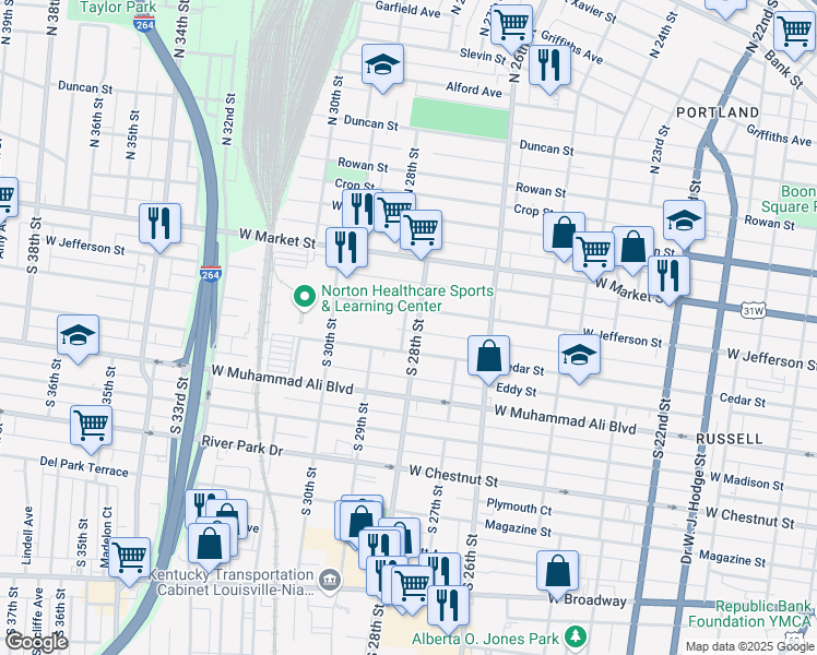 map of restaurants, bars, coffee shops, grocery stores, and more near 400 South 28th Street in Louisville
